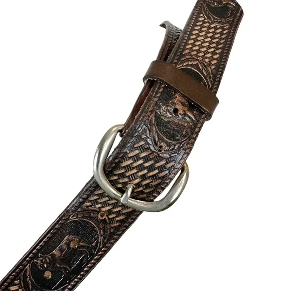 Vintage Tooled Cowhide Wolf Embossed Western Belt Men’s Size 42” - Picture 1 of 16